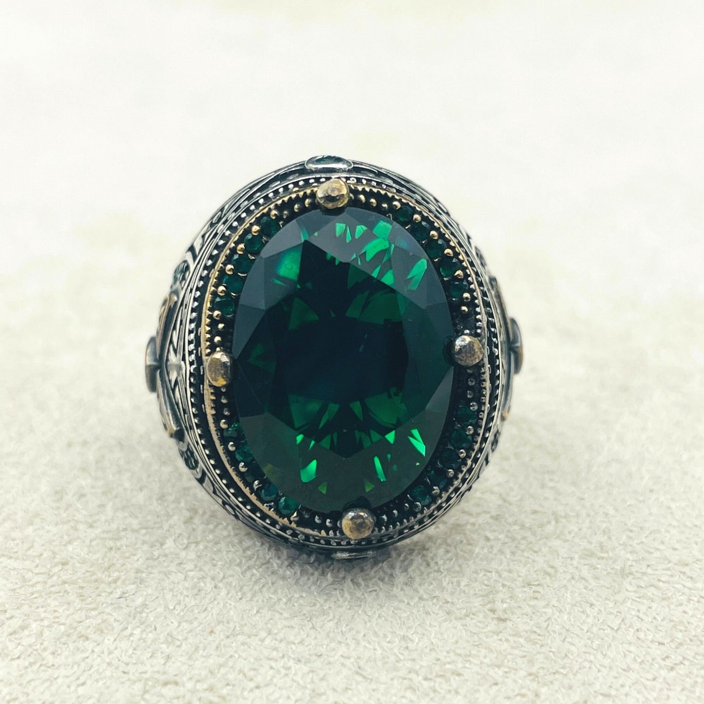 Green Emerald Stone Ring Mens, Turkish Handmade Silver Ring, Eagle Detailed Ring,Ottoman Ring,925 Sterling Silver,Mens Jewerly,Gift Ring