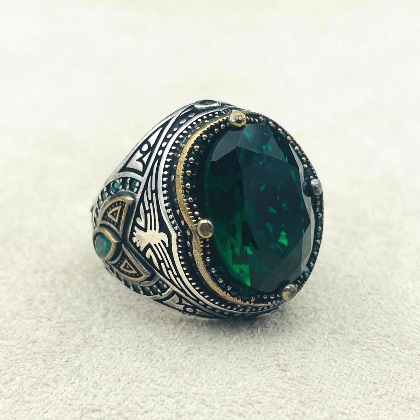 Green Emerald Stone Ring Mens, Turkish Handmade Silver Ring, Eagle Detailed Ring,Ottoman Ring,925 Sterling Silver,Mens Jewerly,Gift Ring