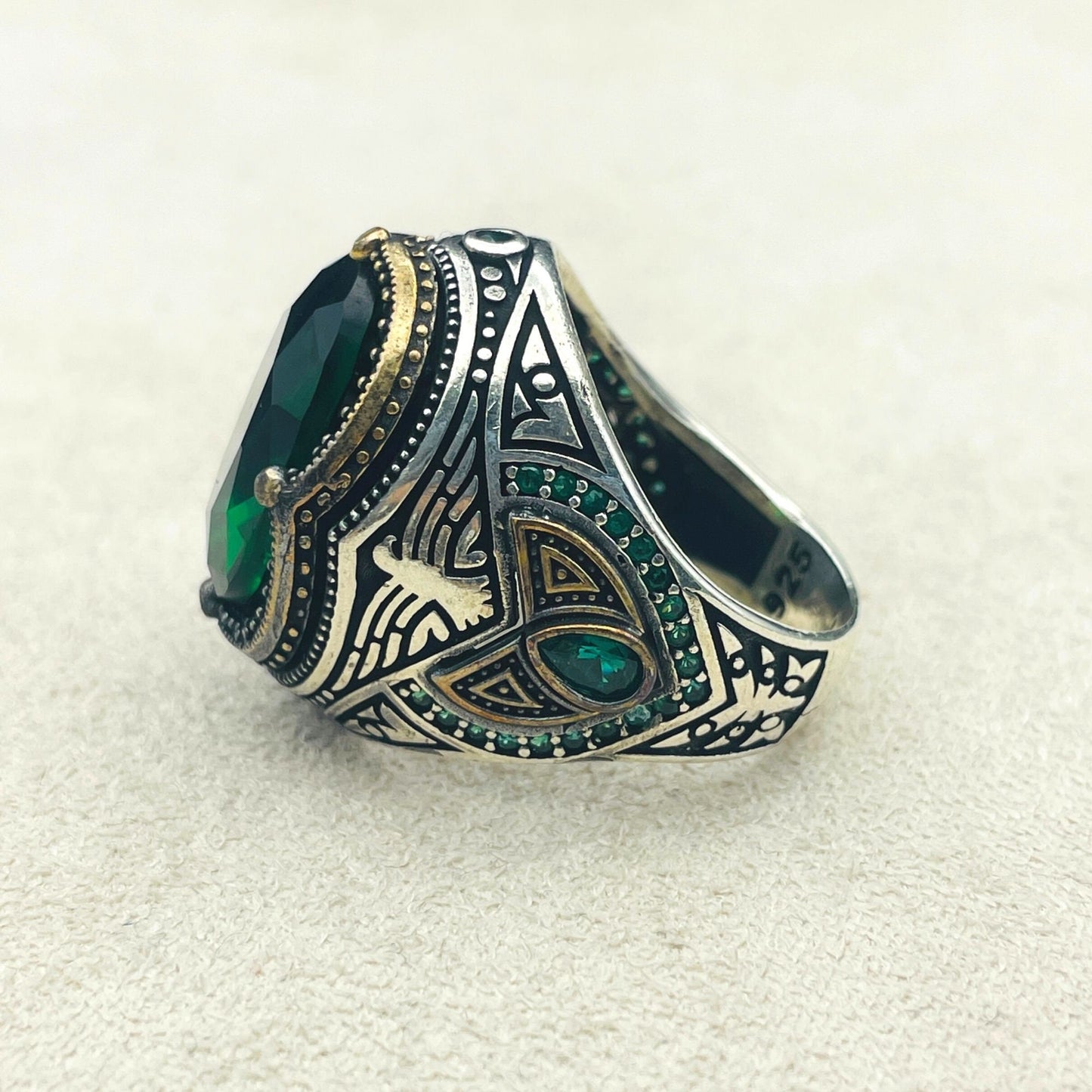 Green Emerald Stone Ring Mens, Turkish Handmade Silver Ring, Eagle Detailed Ring,Ottoman Ring,925 Sterling Silver,Mens Jewerly,Gift Ring