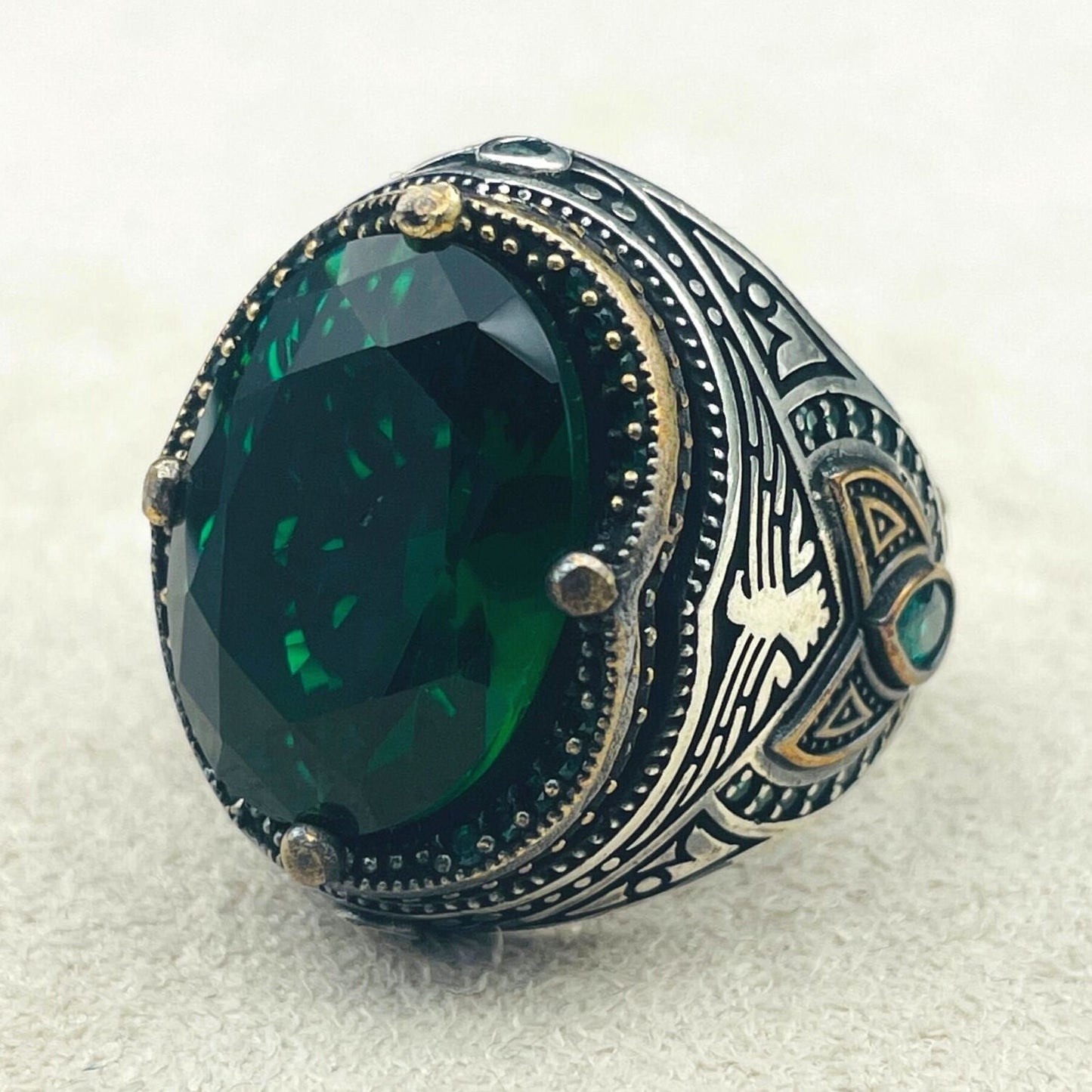 Green Emerald Stone Ring Mens, Turkish Handmade Silver Ring, Eagle Detailed Ring,Ottoman Ring,925 Sterling Silver,Mens Jewerly,Gift Ring