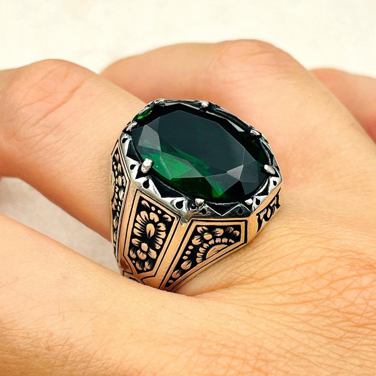 Green Emerald Stone Mens Ring, Turkish Handmade Silver Ring, Ottoman Style Ring, Mens Jewelry , 925 Sterling Silver Ring,Men Engraved Ring,