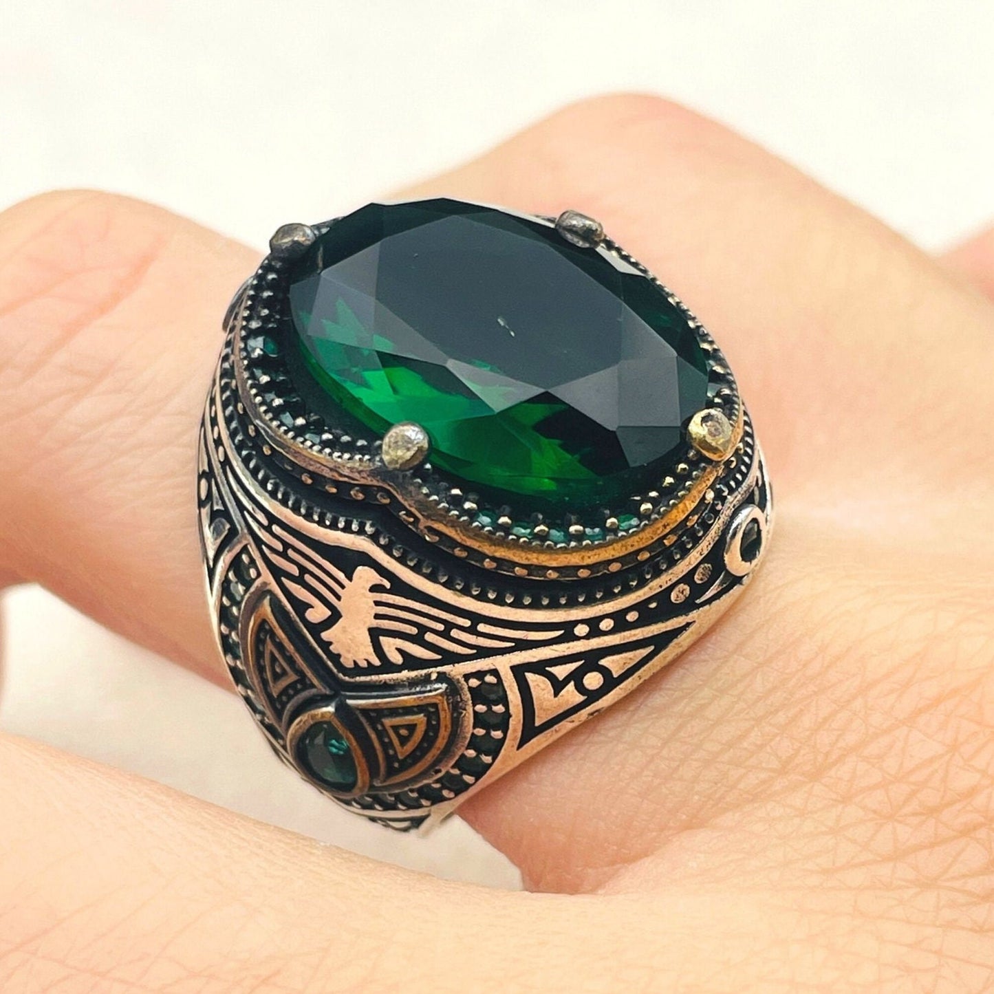 Green Emerald Stone Ring Mens, Turkish Handmade Silver Ring, Eagle Detailed Ring,Ottoman Ring,925 Sterling Silver,Mens Jewerly,Gift Ring