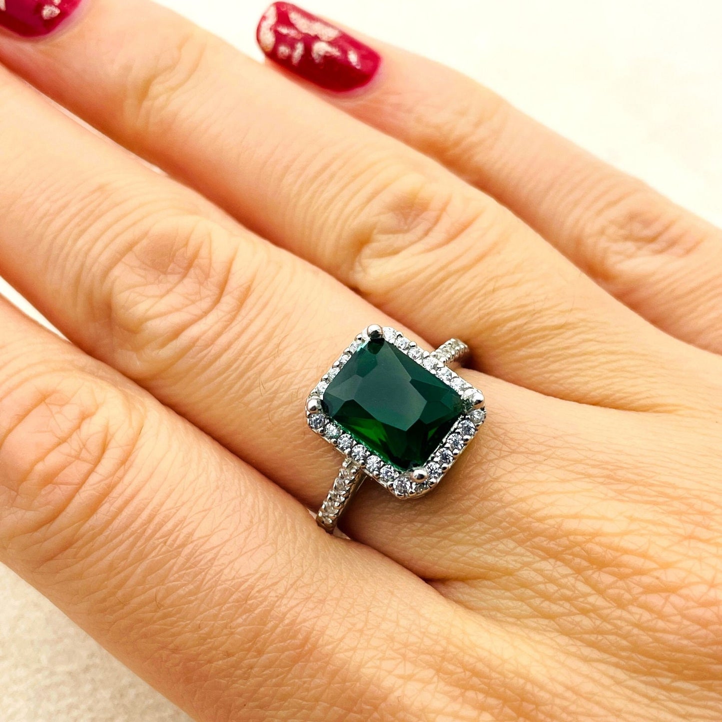 Green Emerald Squared Stone Womens Ring, Turkish Handmade, Ladies Gift, 925k Sterling Silver, Gift For Her, Mother Birthday Gift, Gift Wife