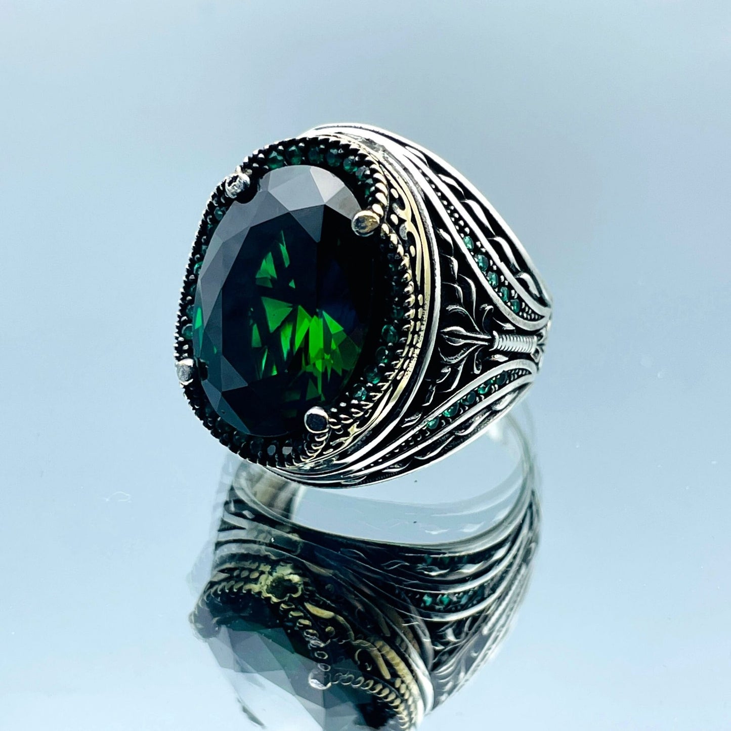 Men's Green Emerald Stone Ring, Turkish Handmade Ring, Oval Stone Ring, Mens Jewelry, Ottoman Style Ring, 925 Sterling Silver, Gifts Ring