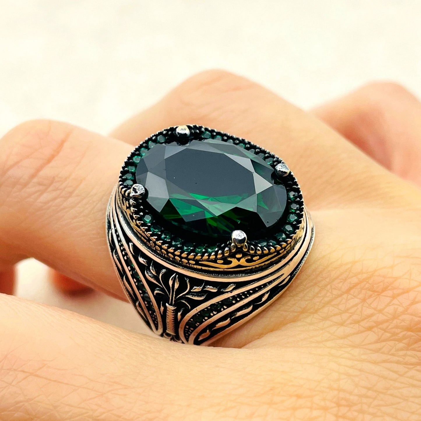 Men's Green Emerald Stone Ring, Turkish Handmade Ring, Oval Stone Ring, Mens Jewelry, Ottoman Style Ring, 925 Sterling Silver, Gifts Ring