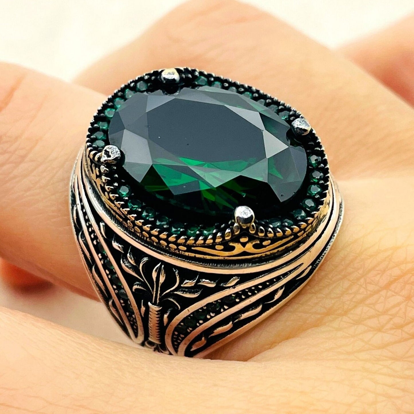 Men's Green Emerald Stone Ring, Turkish Handmade Ring, Oval Stone Ring, Mens Jewelry, Ottoman Style Ring, 925 Sterling Silver, Gifts Ring