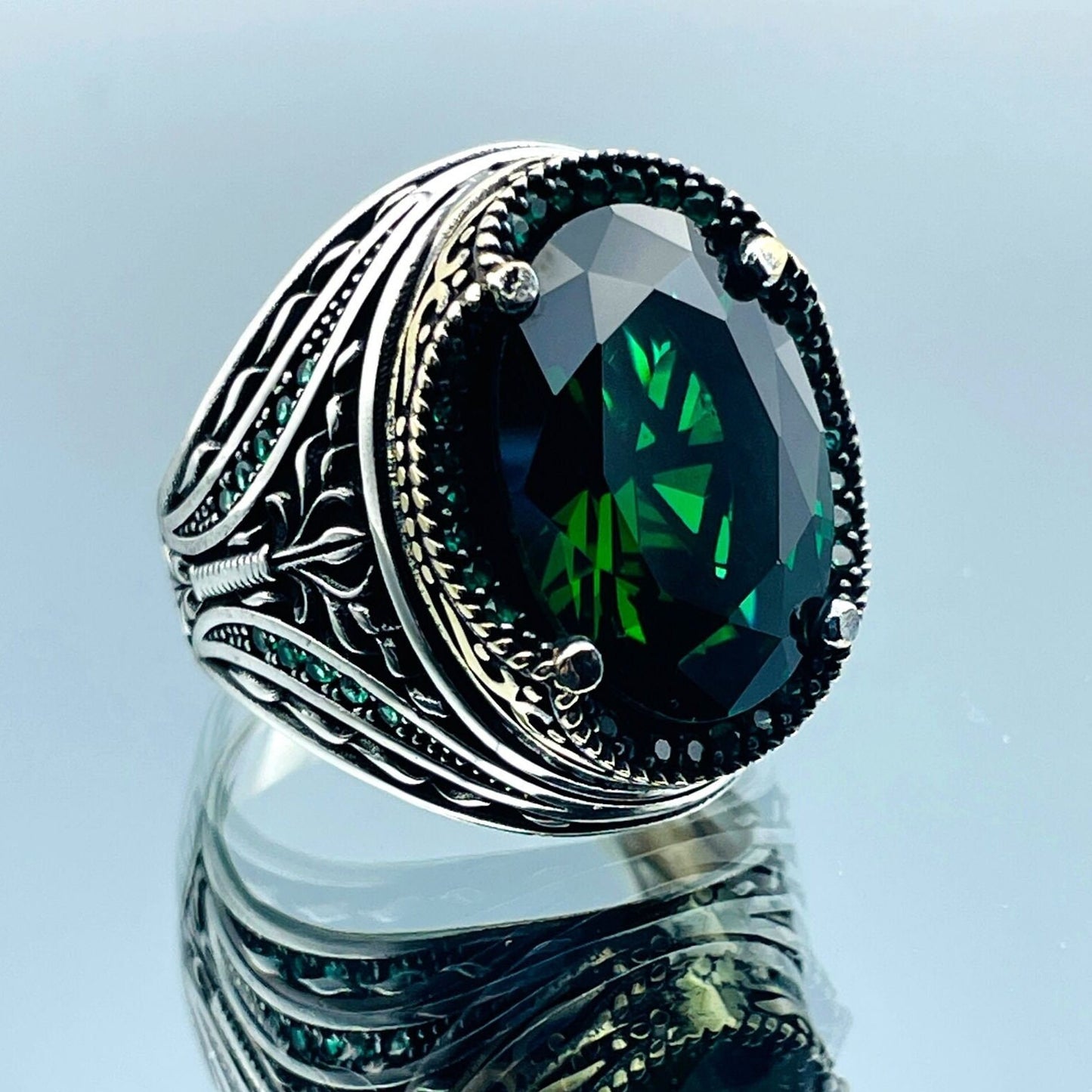 Men's Green Emerald Stone Ring, Turkish Handmade Ring, Oval Stone Ring, Mens Jewelry, Ottoman Style Ring, 925 Sterling Silver, Gifts Ring