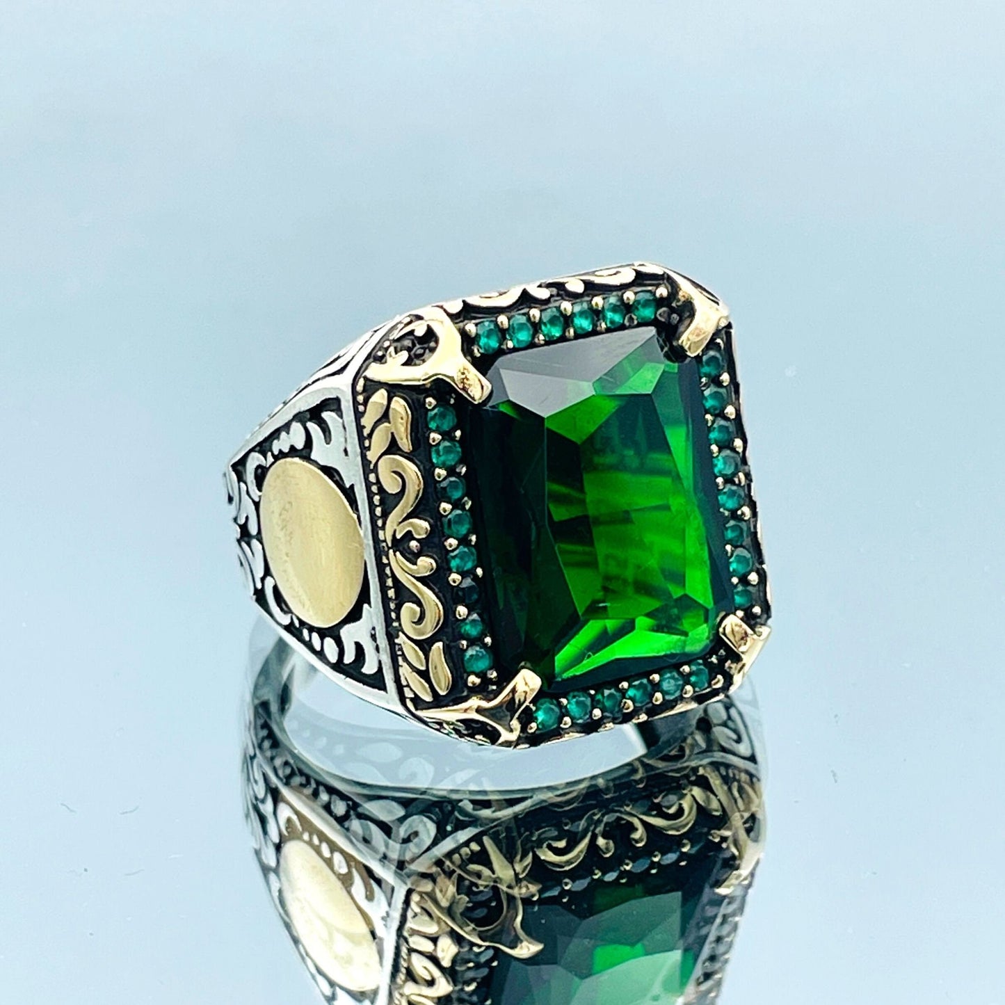 Men's Green Emerald Stone Ring, Turkish Handmade Ring, Squared Stone Ring, Mens Jewelry, Ottoman Style Ring,925 Sterling Silver,Gifts Ring