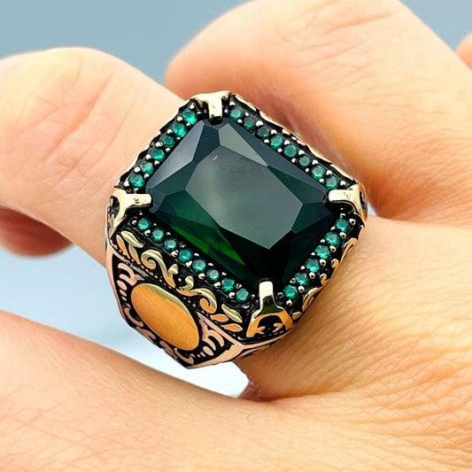 Men's Green Emerald Stone Ring, Turkish Handmade Ring, Squared Stone Ring, Mens Jewelry, Ottoman Style Ring,925 Sterling Silver,Gifts Ring