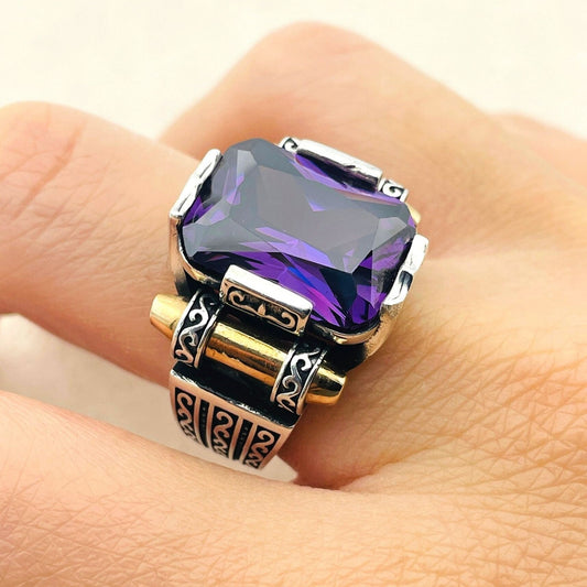 Purple Amethyst Squared Stone Mens Ring, Turkish Handmade Ring, 925k Sterling Silver Ring, Ottoman Stlye Ring, Mens Jewelry, Gift for Him