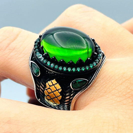 Men's Green Emerald Stone Silver Ring, Turkish Handmade Ring, 925k Sterling Silver Ring, Ottoman Style Ring, Mens Jewelry, Gift for Him