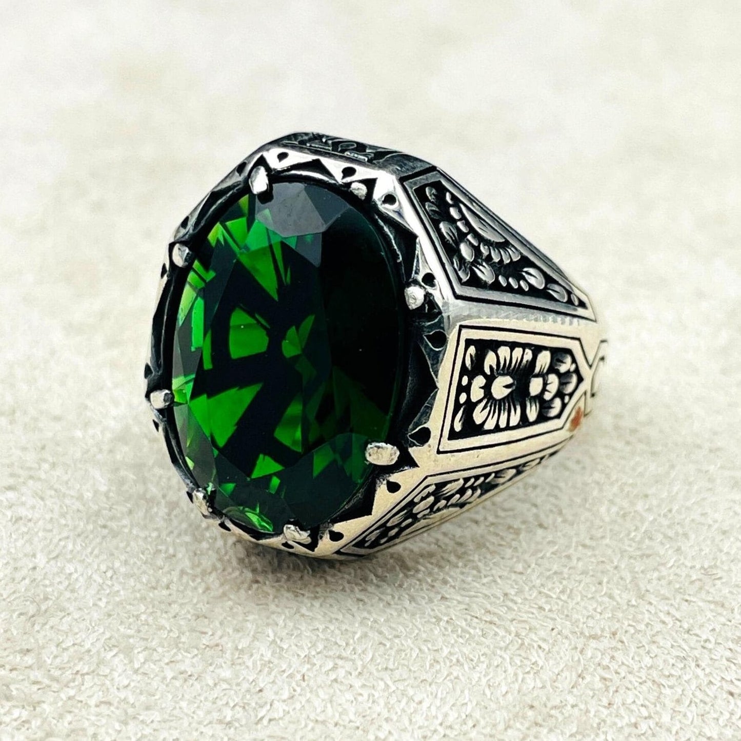 Green Emerald Stone Mens Ring, Turkish Handmade Silver Ring, Ottoman Style Ring, Mens Jewelry , 925 Sterling Silver Ring,Men Engraved Ring,