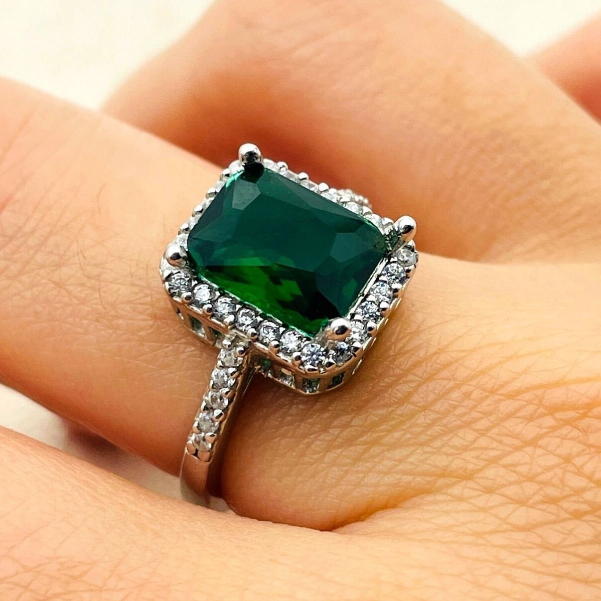 Green Emerald Squared Stone Womens Ring, Turkish Handmade, Ladies Gift, 925k Sterling Silver, Gift For Her, Mother Birthday Gift, Gift Wife