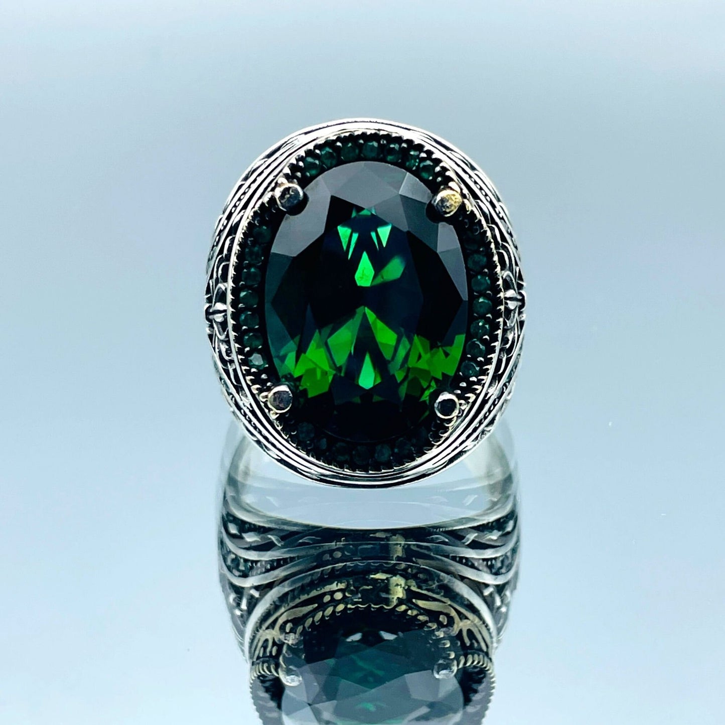 Men's Green Emerald Stone Ring, Turkish Handmade Ring, Oval Stone Ring, Mens Jewelry, Ottoman Style Ring, 925 Sterling Silver, Gifts Ring