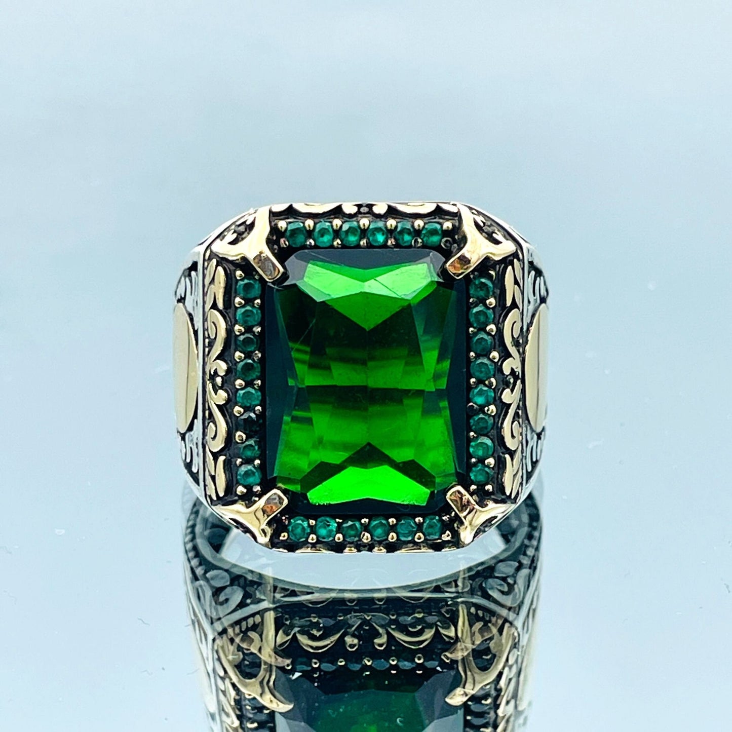 Men's Green Emerald Stone Ring, Turkish Handmade Ring, Squared Stone Ring, Mens Jewelry, Ottoman Style Ring,925 Sterling Silver,Gifts Ring