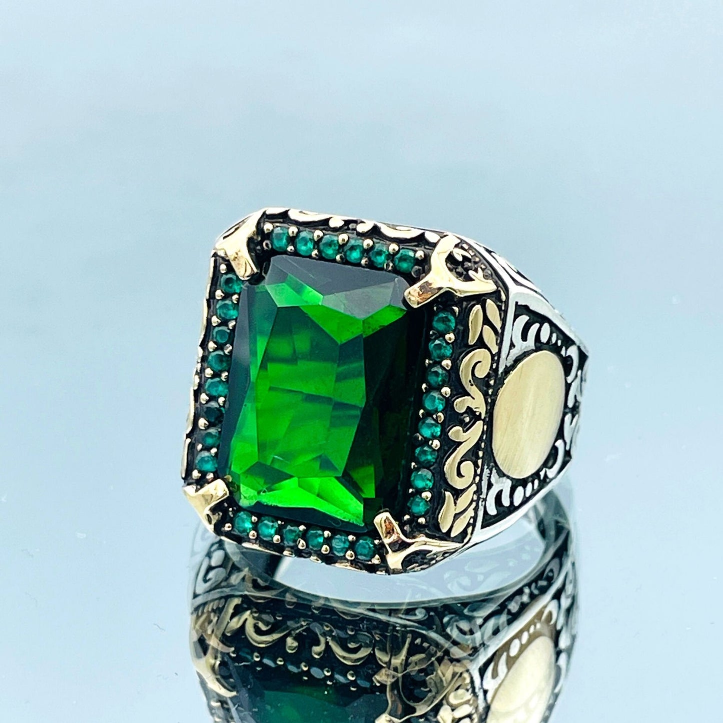 Men's Green Emerald Stone Ring, Turkish Handmade Ring, Squared Stone Ring, Mens Jewelry, Ottoman Style Ring,925 Sterling Silver,Gifts Ring