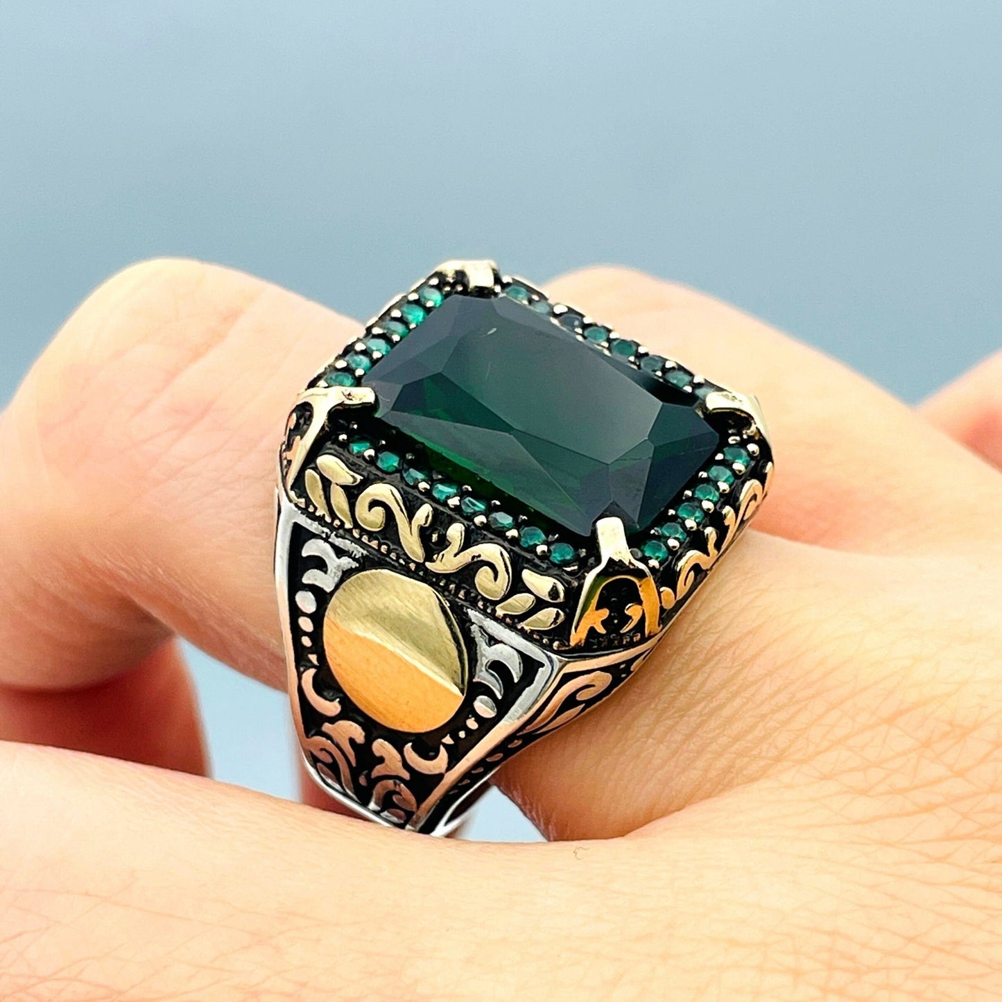 Men's Green Emerald Stone Ring, Turkish Handmade Ring, Squared Stone Ring, Mens Jewelry, Ottoman Style Ring,925 Sterling Silver,Gifts Ring