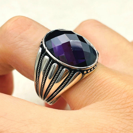 Purple Amethyst Oval Stone Mens Ring, Turkish Handmade Ring, Mens Jewelry, 925K Sterling Silver Ring, Ottoman Style Ring, Unique Gift Ring