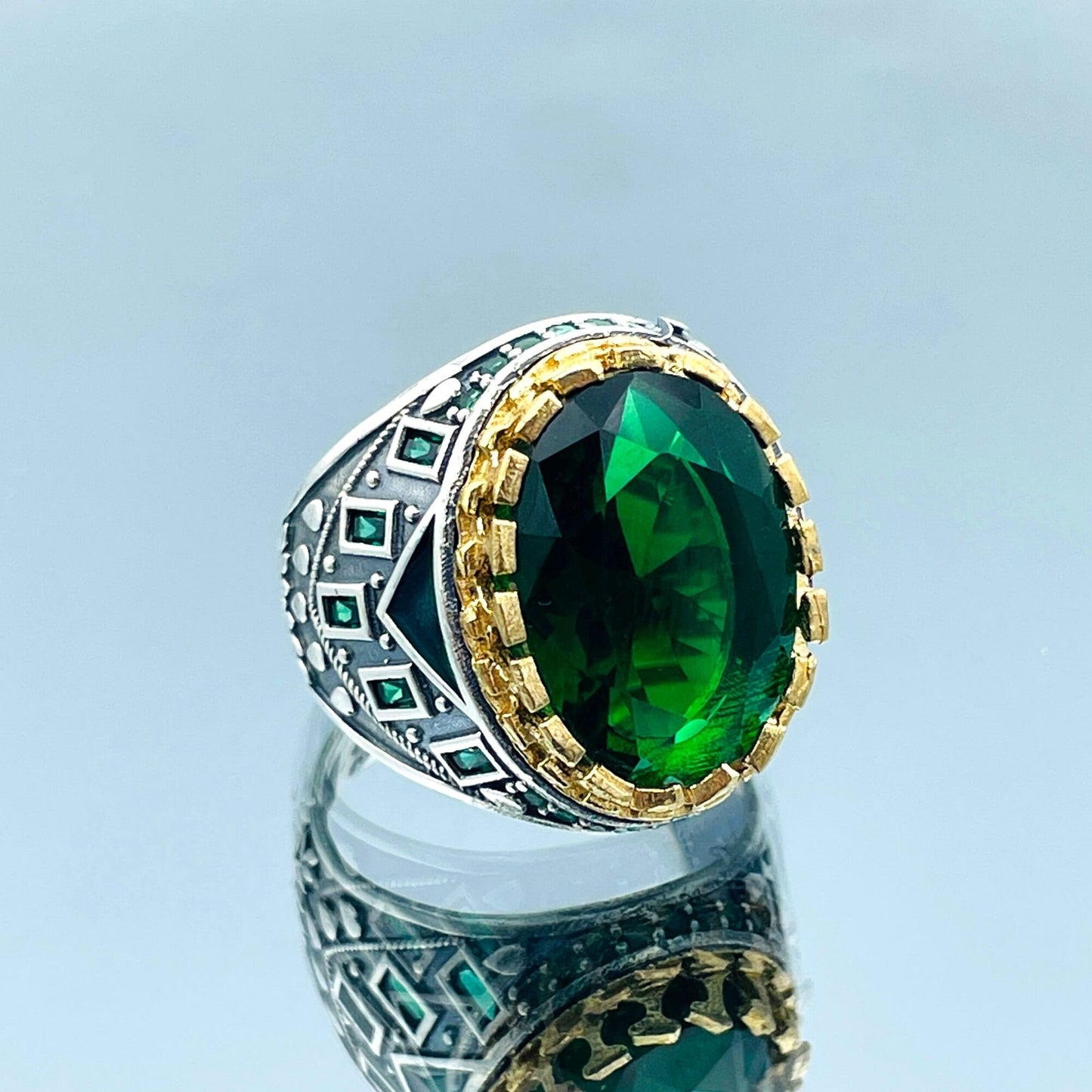 Men's Green Emerald Oval Stone Ring, Turkish Handmade Silver Ring, Mens Silver Jewelry, Ottoman Style Ring, 925 Sterling Silver, Gifts Ring