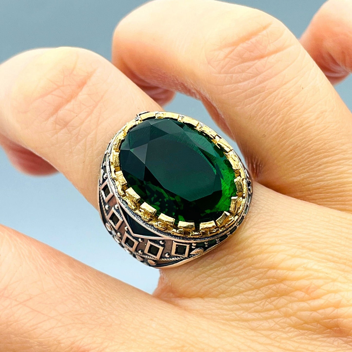 Men's Green Emerald Oval Stone Ring, Turkish Handmade Silver Ring, Mens Silver Jewelry, Ottoman Style Ring, 925 Sterling Silver, Gifts Ring