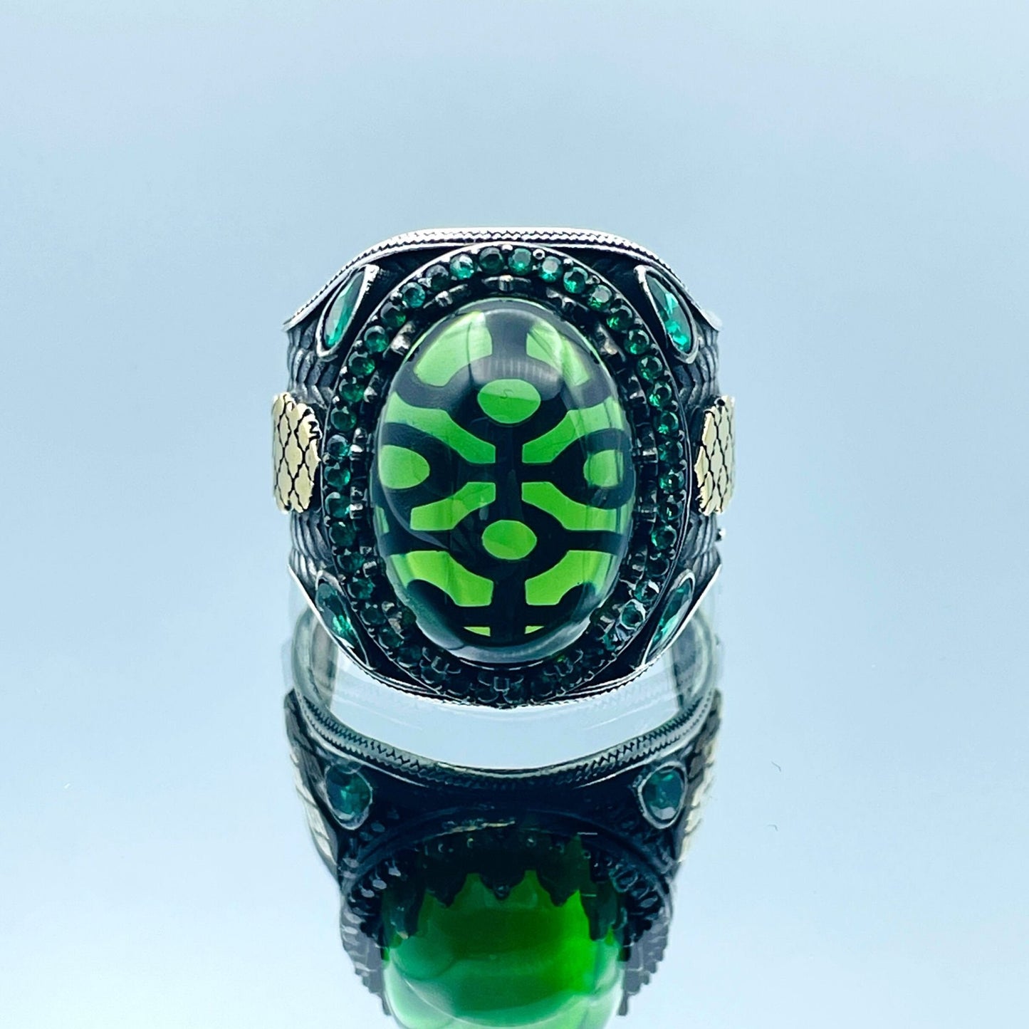 Men's Green Emerald Stone Silver Ring, Turkish Handmade Ring, 925k Sterling Silver Ring, Ottoman Style Ring, Mens Jewelry, Gift for Him