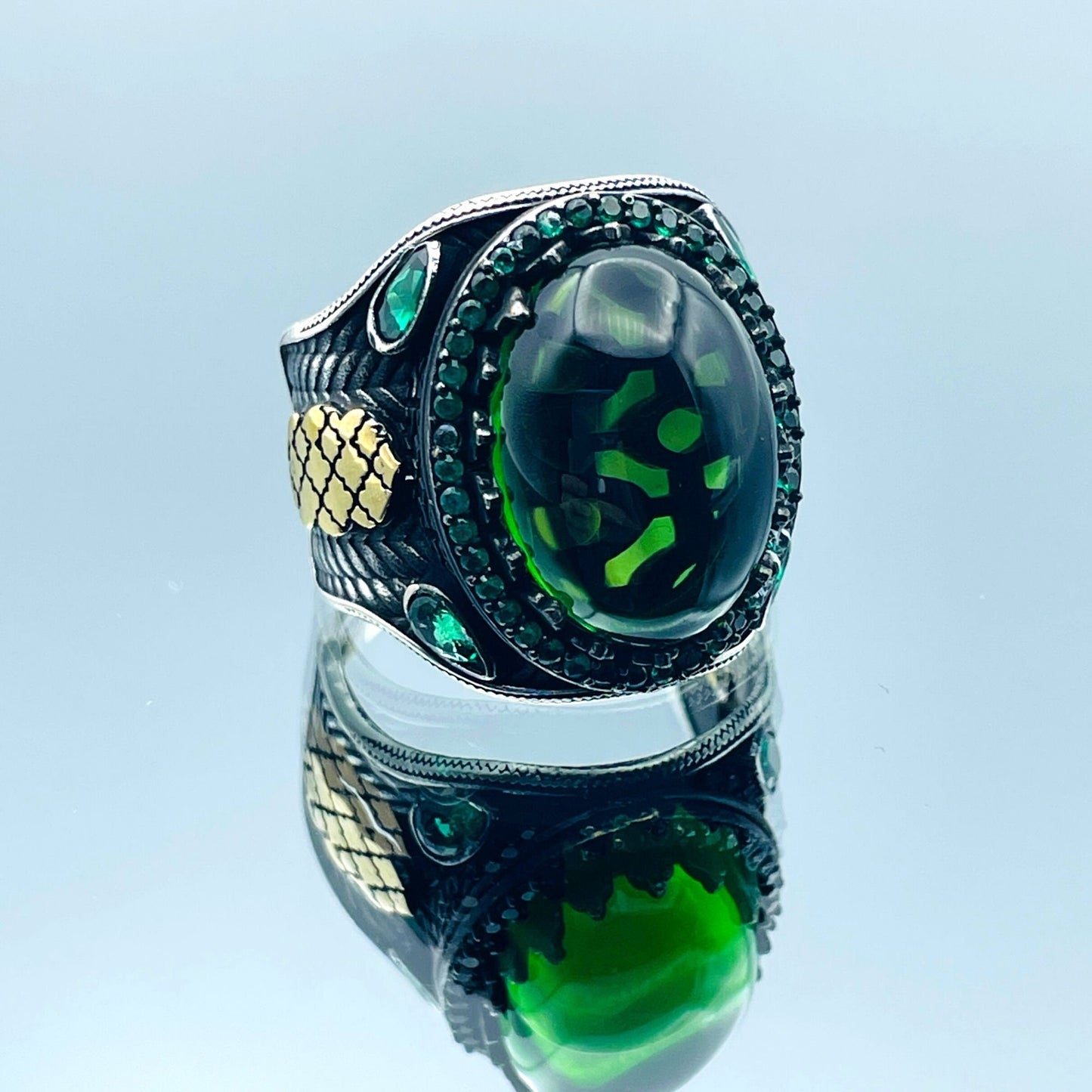 Men's Green Emerald Stone Silver Ring, Turkish Handmade Ring, 925k Sterling Silver Ring, Ottoman Style Ring, Mens Jewelry, Gift for Him