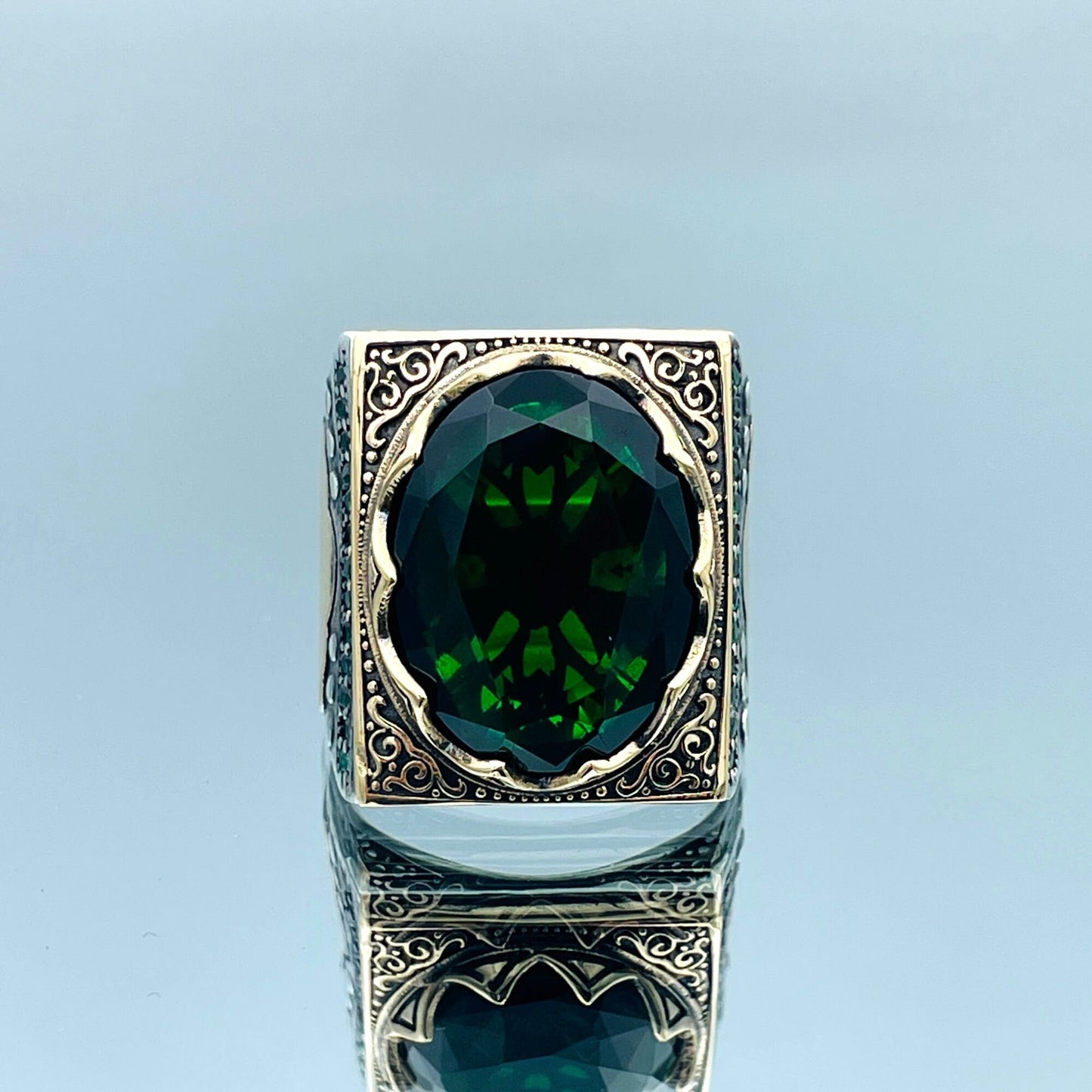 Mens Emerald Stone Ring, Turkish Handmade Ring, Green Oval Stone Ring, 925 Sterling Silver, Ottoman Style Ring, Mens Jewelry, Gift For Him