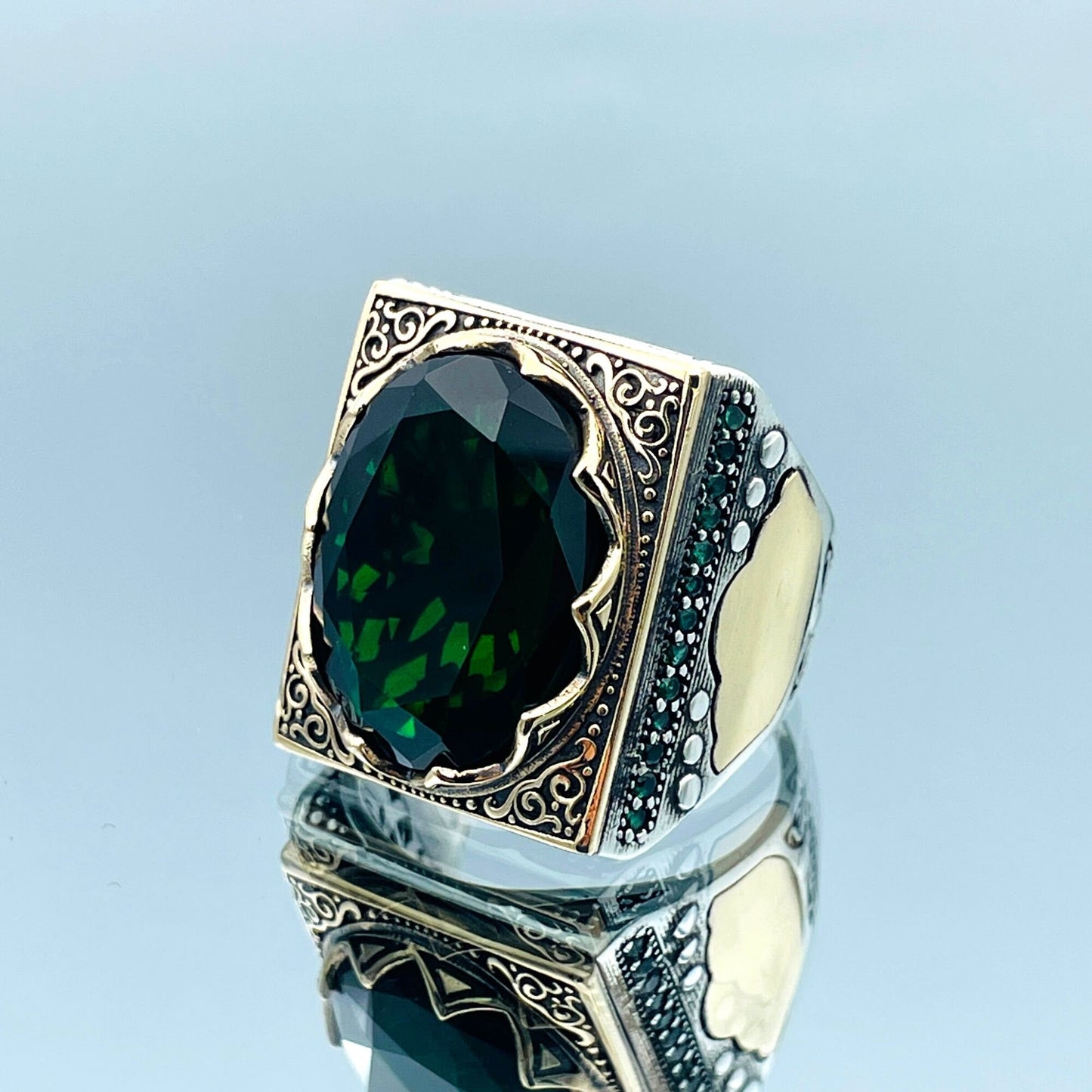 Mens Emerald Stone Ring, Turkish Handmade Ring, Green Oval Stone Ring, 925 Sterling Silver, Ottoman Style Ring, Mens Jewelry, Gift For Him