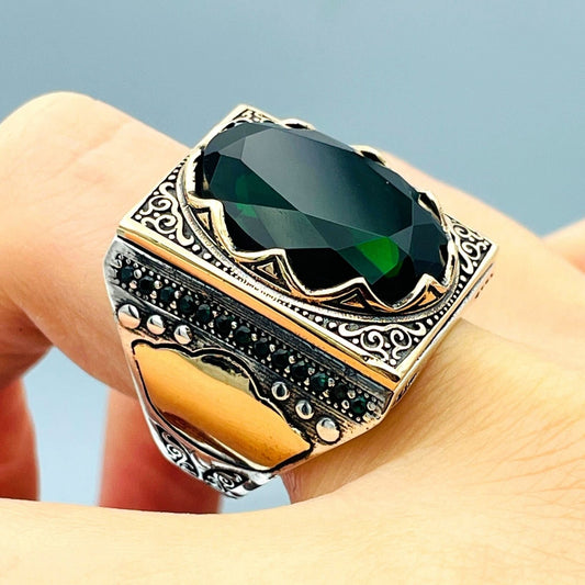 Mens Emerald Stone Ring, Turkish Handmade Ring, Green Oval Stone Ring, 925 Sterling Silver, Ottoman Style Ring, Mens Jewelry, Gift For Him