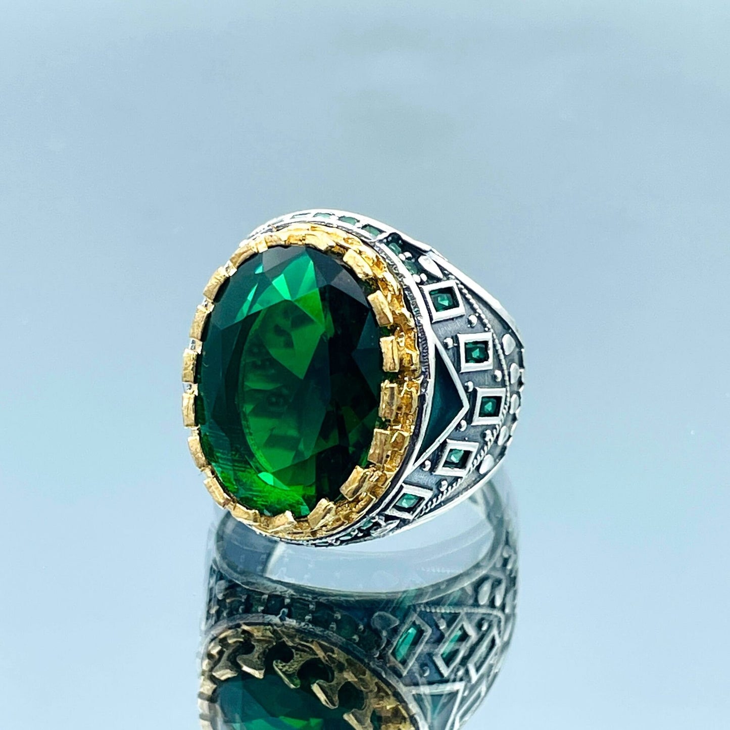 Men's Green Emerald Oval Stone Ring, Turkish Handmade Silver Ring, Mens Silver Jewelry, Ottoman Style Ring, 925 Sterling Silver, Gifts Ring