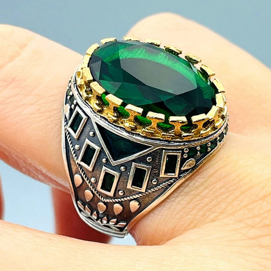 Men's Green Emerald Oval Stone Ring, Turkish Handmade Silver Ring, Mens Silver Jewelry, Ottoman Style Ring, 925 Sterling Silver, Gifts Ring