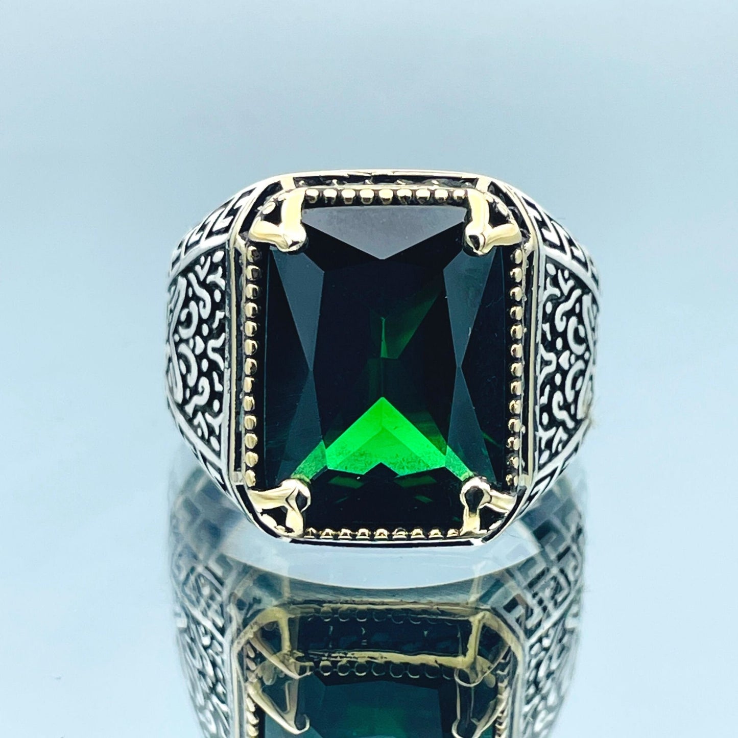 Mens Silver Ring, Green Emerald Squared Stone Ring, Turkish Handmade Ring, 925 Sterling Silver, Mens Jewelry, Ottoman Style Ring, Gifts Ring