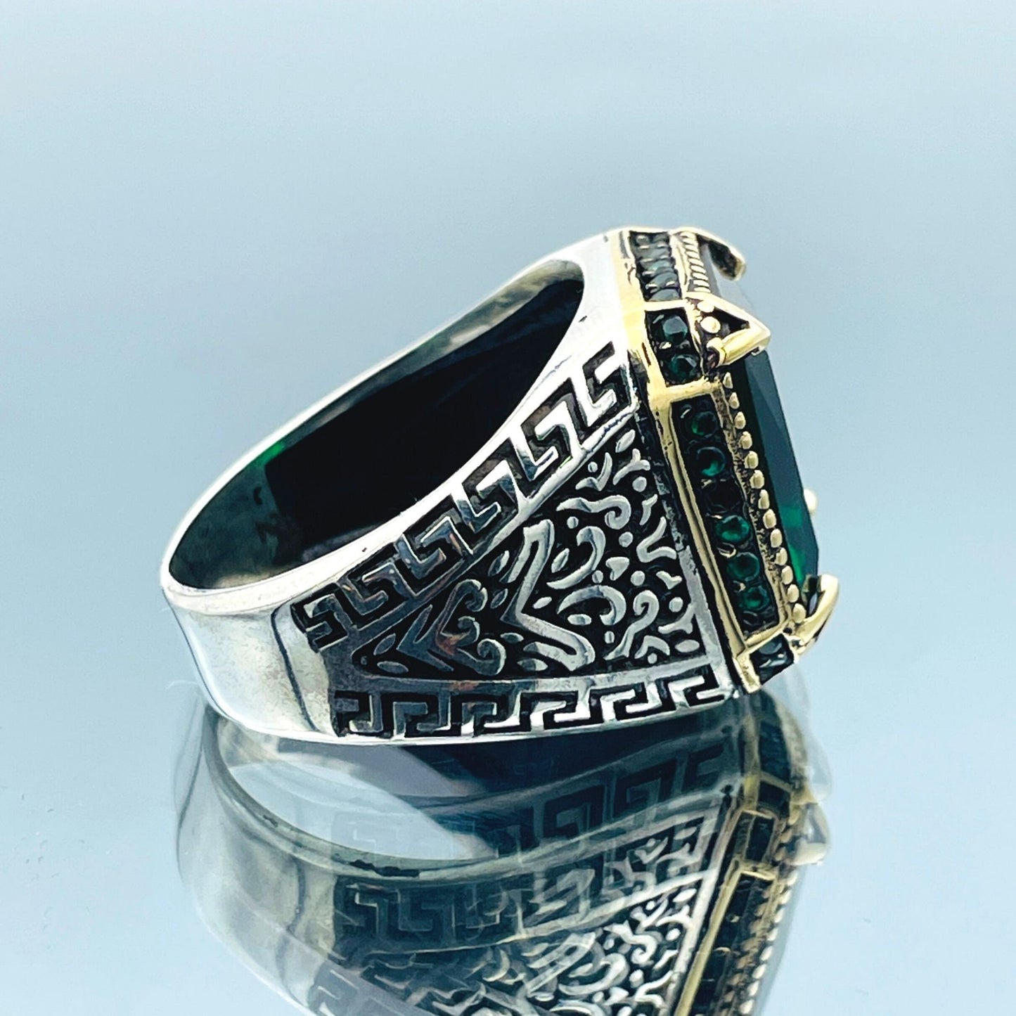 Mens Silver Ring, Green Emerald Squared Stone Ring, Turkish Handmade Ring, 925 Sterling Silver, Mens Jewelry, Ottoman Style Ring, Gifts Ring