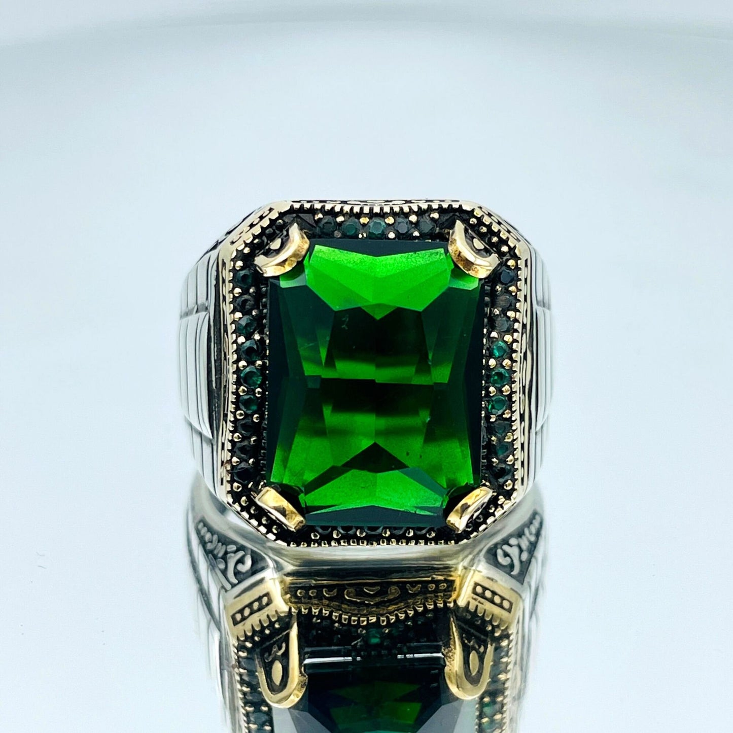 Mens Emerald Stone Ring, Turkish Handmade Ring, Green Stone Ring, Sterling Silver Ring, Square Stone Ring, Ottoman Style Ring, Gifts Ring