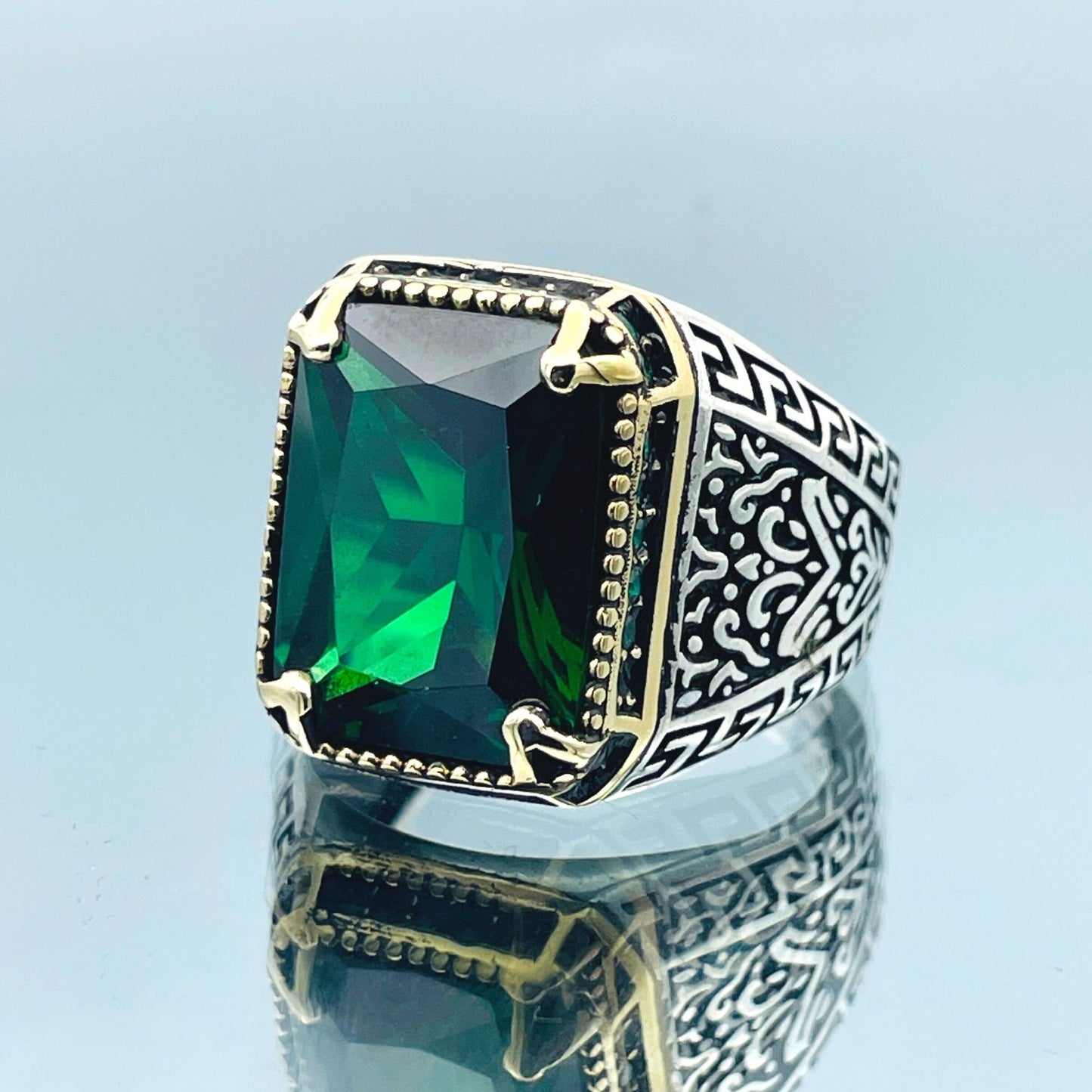 Mens Silver Ring, Green Emerald Squared Stone Ring, Turkish Handmade Ring, 925 Sterling Silver, Mens Jewelry, Ottoman Style Ring, Gifts Ring