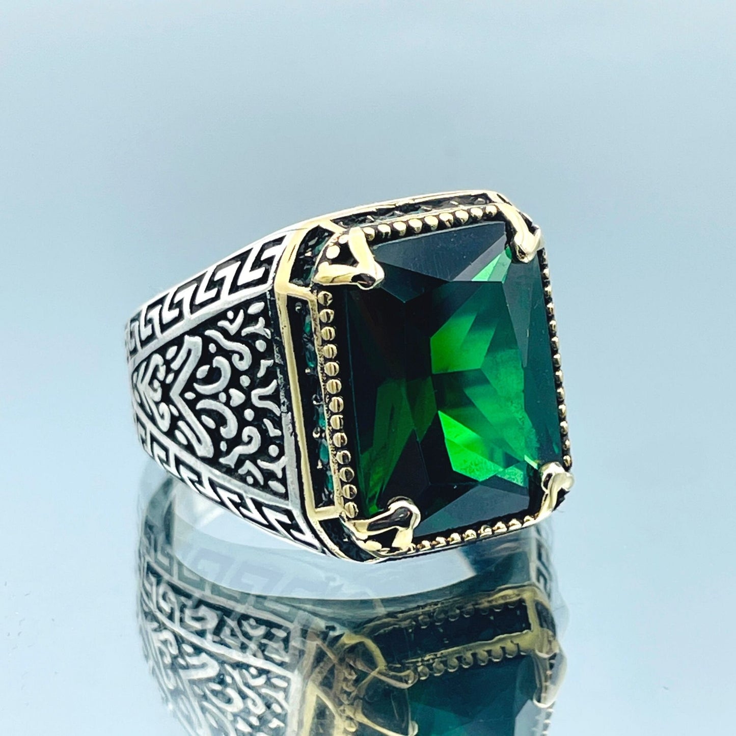 Mens Silver Ring, Green Emerald Squared Stone Ring, Turkish Handmade Ring, 925 Sterling Silver, Mens Jewelry, Ottoman Style Ring, Gifts Ring