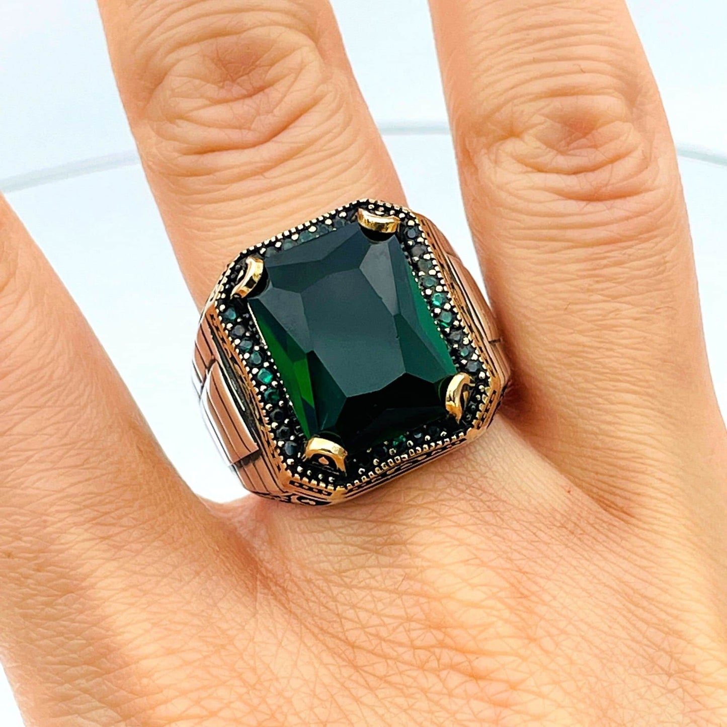 Mens Emerald Stone Ring, Turkish Handmade Ring, Green Stone Ring, Sterling Silver Ring, Square Stone Ring, Ottoman Style Ring, Gifts Ring