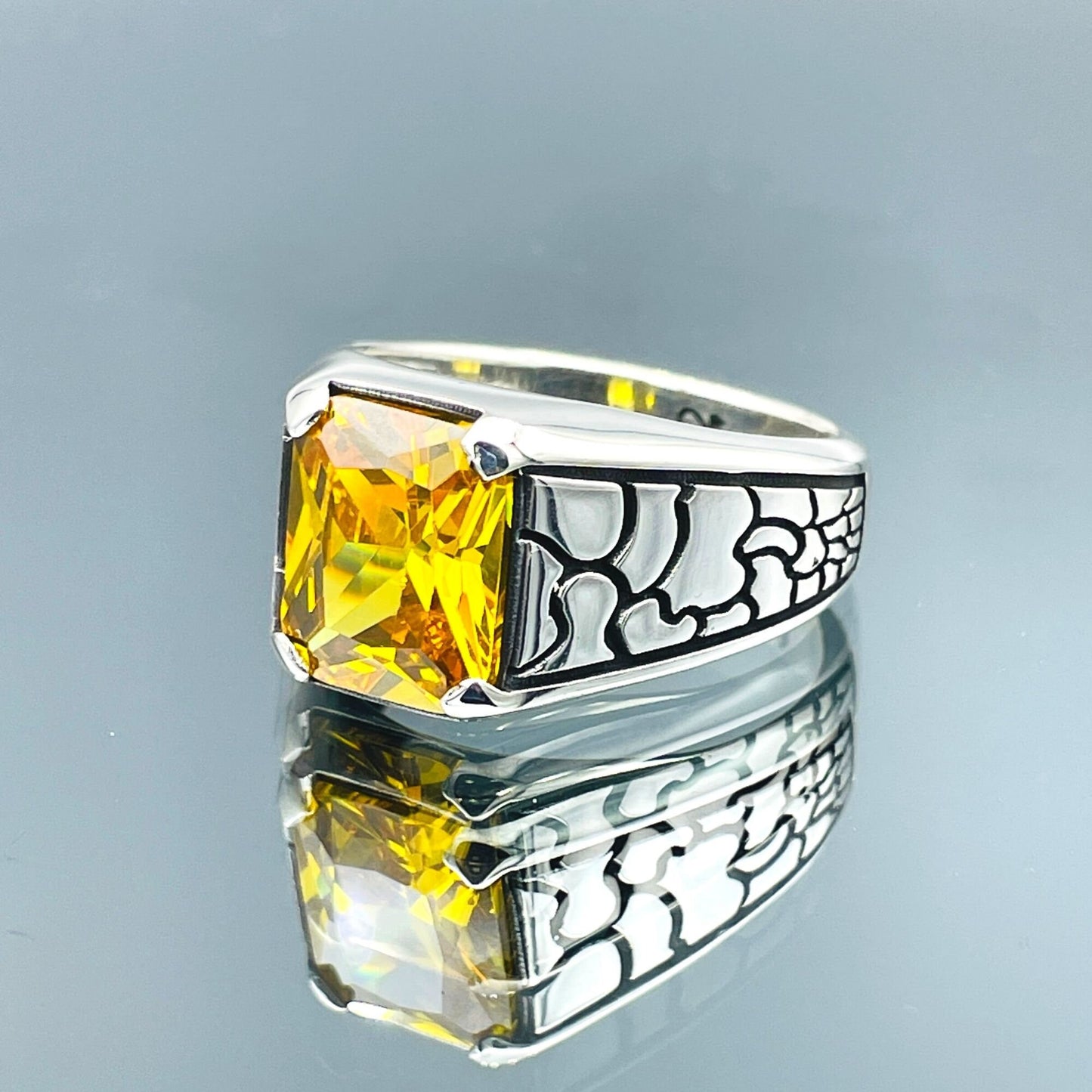 Yellow Citrine Stone Mens Ring, Square Stone Minimalist Silver Ring, Turkish Silver Ring, Handmade Silver Ring, Hand Embroidered Silver Ring