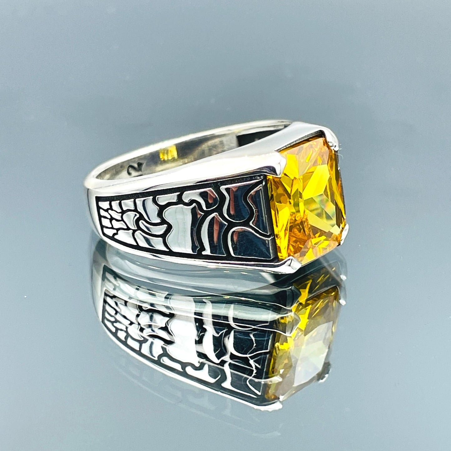 Yellow Citrine Stone Mens Ring, Square Stone Minimalist Silver Ring, Turkish Silver Ring, Handmade Silver Ring, Hand Embroidered Silver Ring