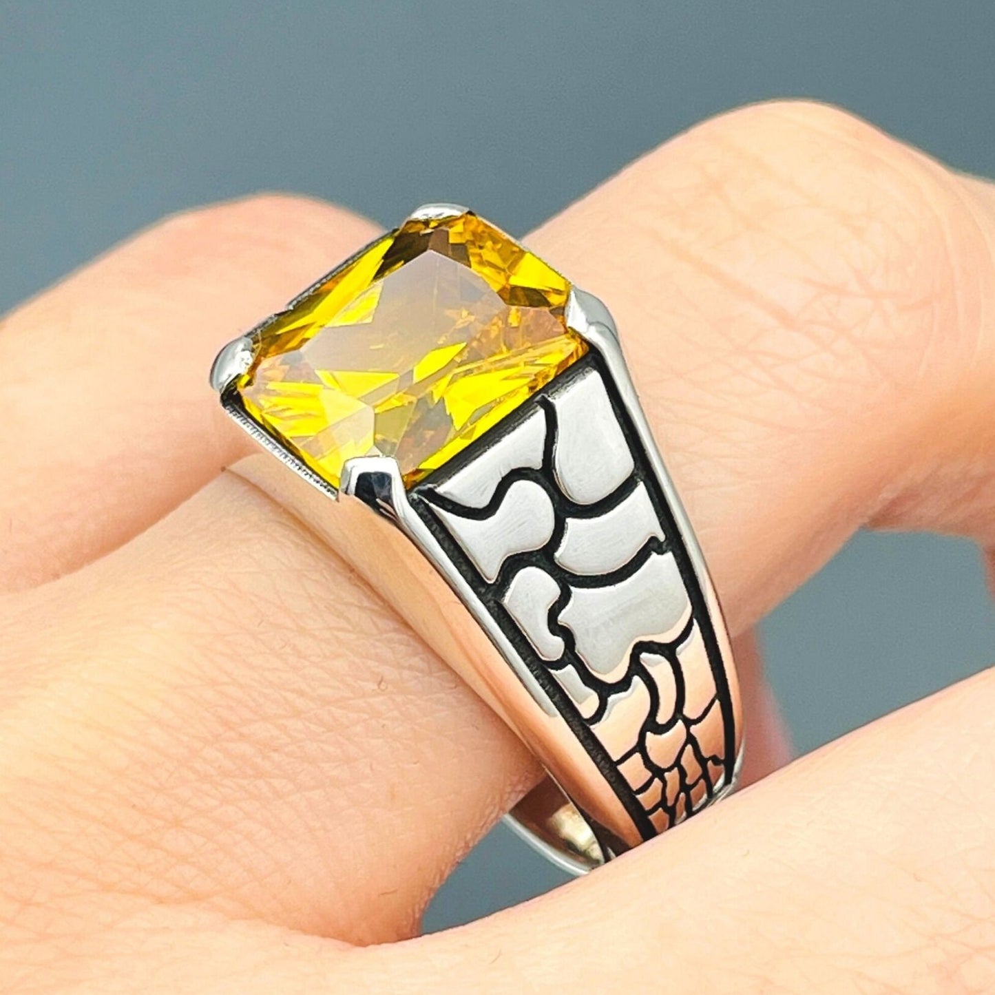 Yellow Citrine Stone Mens Ring, Square Stone Minimalist Silver Ring, Turkish Silver Ring, Handmade Silver Ring, Hand Embroidered Silver Ring