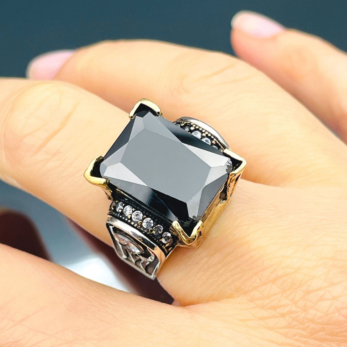 Women's Square Black Onyx Stone Silver Ring, Handmade Ladies Ring, Authentic Ring, Ottoman Ring, Womens Silver Jewelry, 925k Sterling Silver