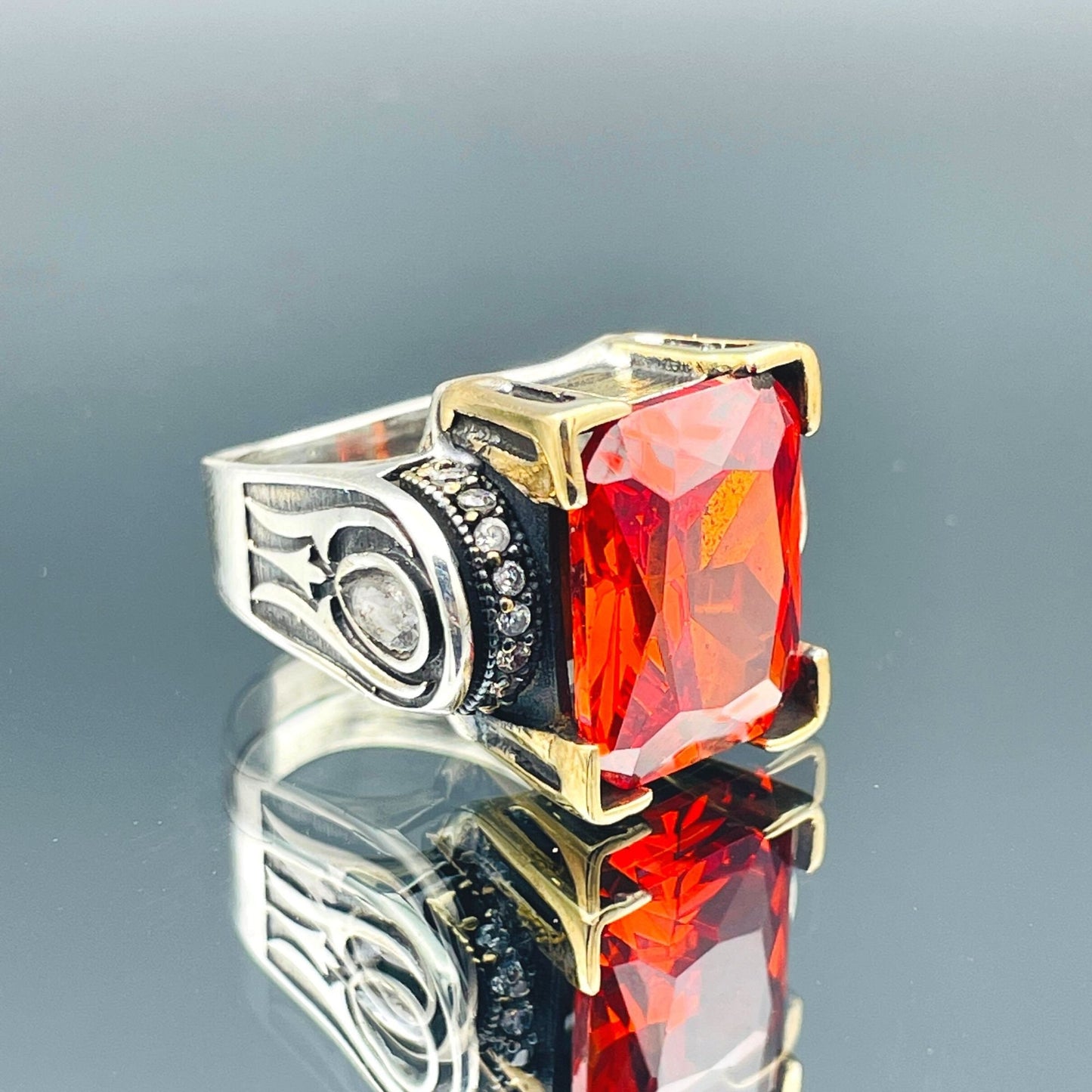 Women's Square Red Ruby Stone Silver Ring, Handmade Ladies Ring, Authentic Ring, Ottoman Ring, Womens Silver Jewelry, 925k Sterling Silver