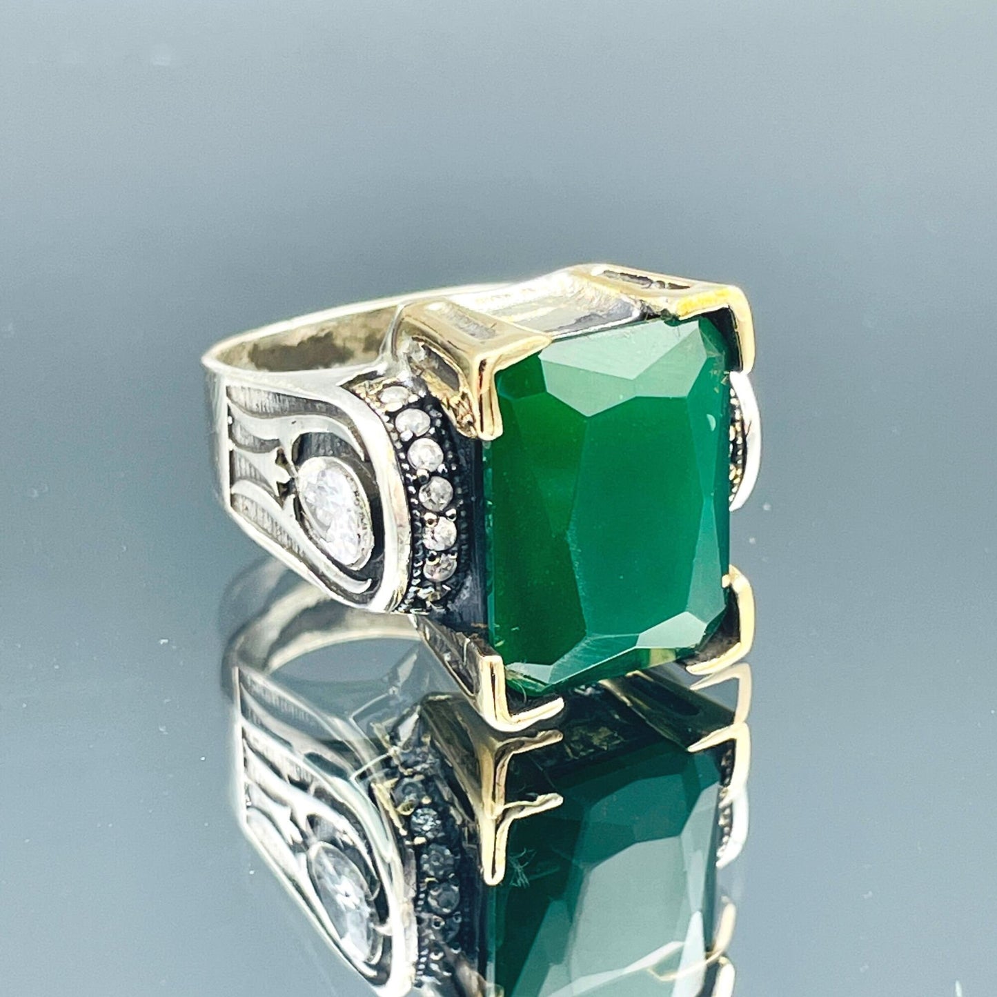 Women's Square Green Agate Stone Silver Ring, Handmade Ladies Ring, Authentic Ring, Ottoman Ring, Womens Silver Jewelry,925k Sterling Silver