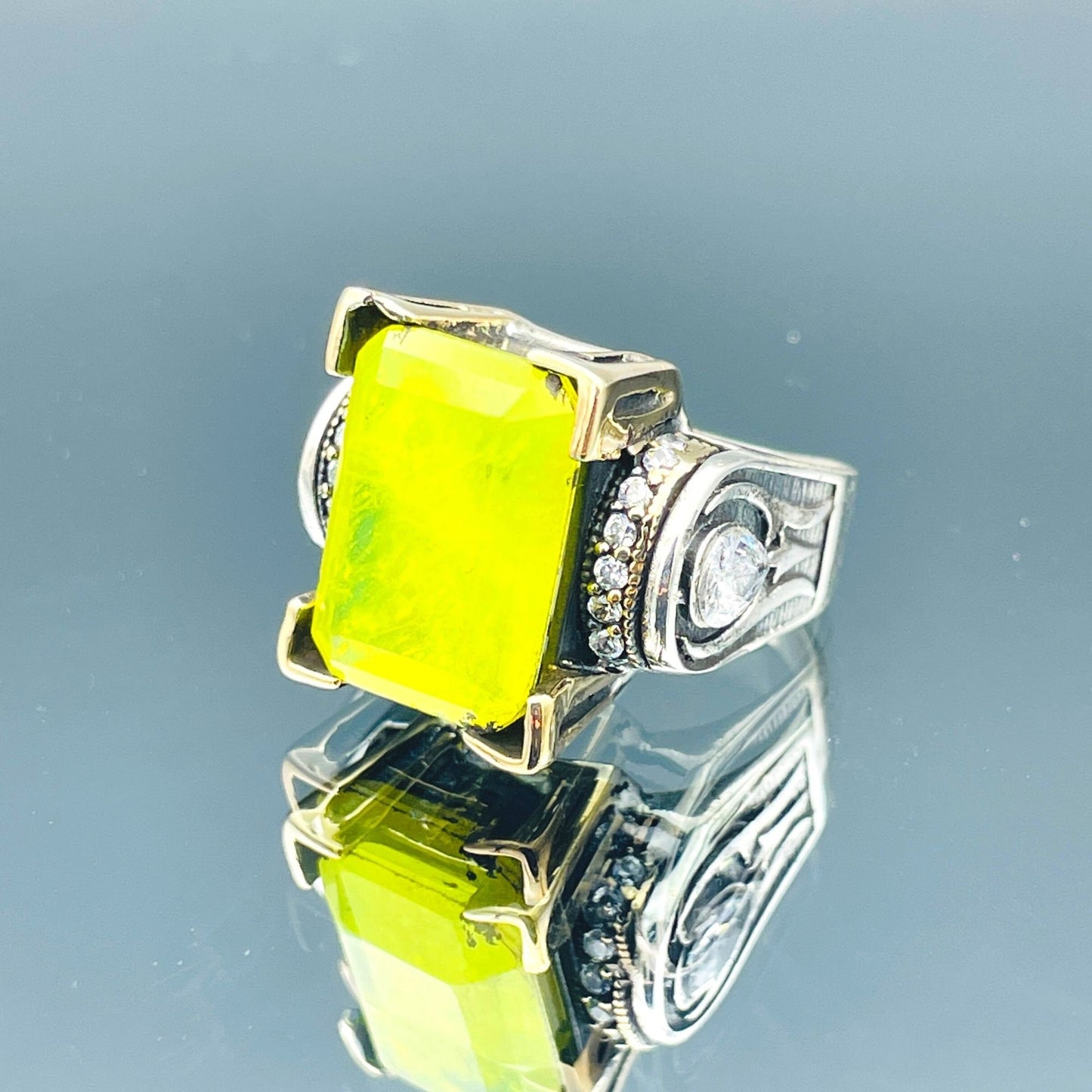 Women's Square Yellow Tourmaline Stone Silver Ring, Handmade Ladies Ring, Authentic Ring, Ottoman Ring, Womens Jewelry, 925k Sterling Silver