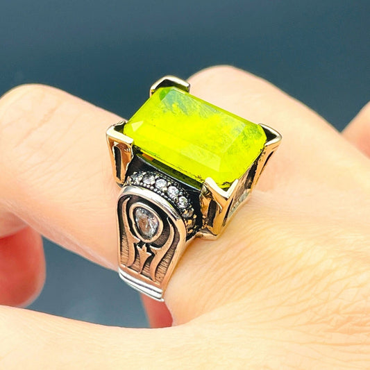 Women's Square Yellow Tourmaline Stone Silver Ring, Handmade Ladies Ring, Authentic Ring, Ottoman Ring, Womens Jewelry, 925k Sterling Silver