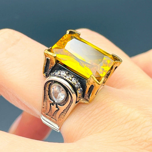 Women's Square Yellow Citrine Stone Silver Ring, Handmade Ladies Ring, Authentic Ring, Ottoman Ring, Womens Jewelry, 925k Sterling Silver