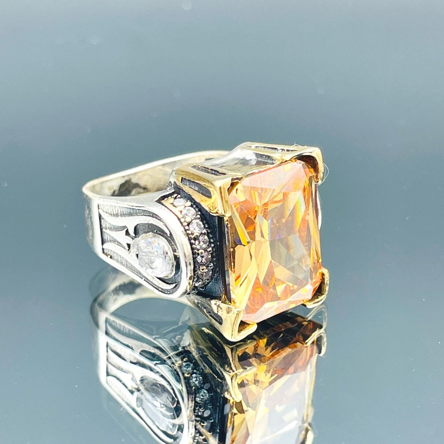 Women's Square Champagne Citrine Stone Silver Ring, Handmade Ladies Ring, Authentic Ring, Ottoman Ring, Womens Jewelry, 925k Sterling Silver