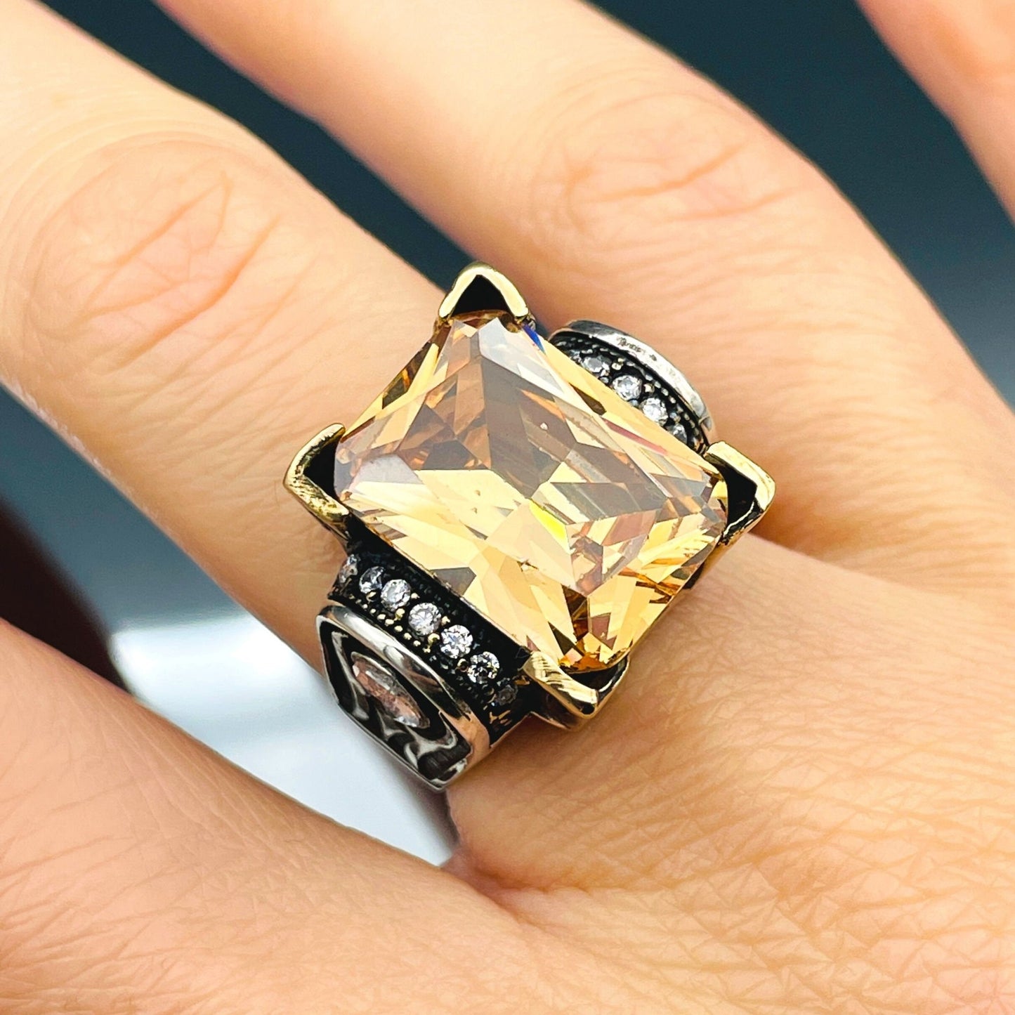 Women's Square Champagne Citrine Stone Silver Ring, Handmade Ladies Ring, Authentic Ring, Ottoman Ring, Womens Jewelry, 925k Sterling Silver