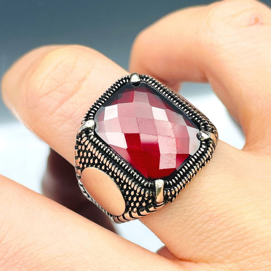 Zircon Ring Men, Red Squared Stone Ring, Turkish Handmade Ring, 925k Sterling Silver Ring, Ottoman Stlye Ring, Mens Jewelry, Gift for Him