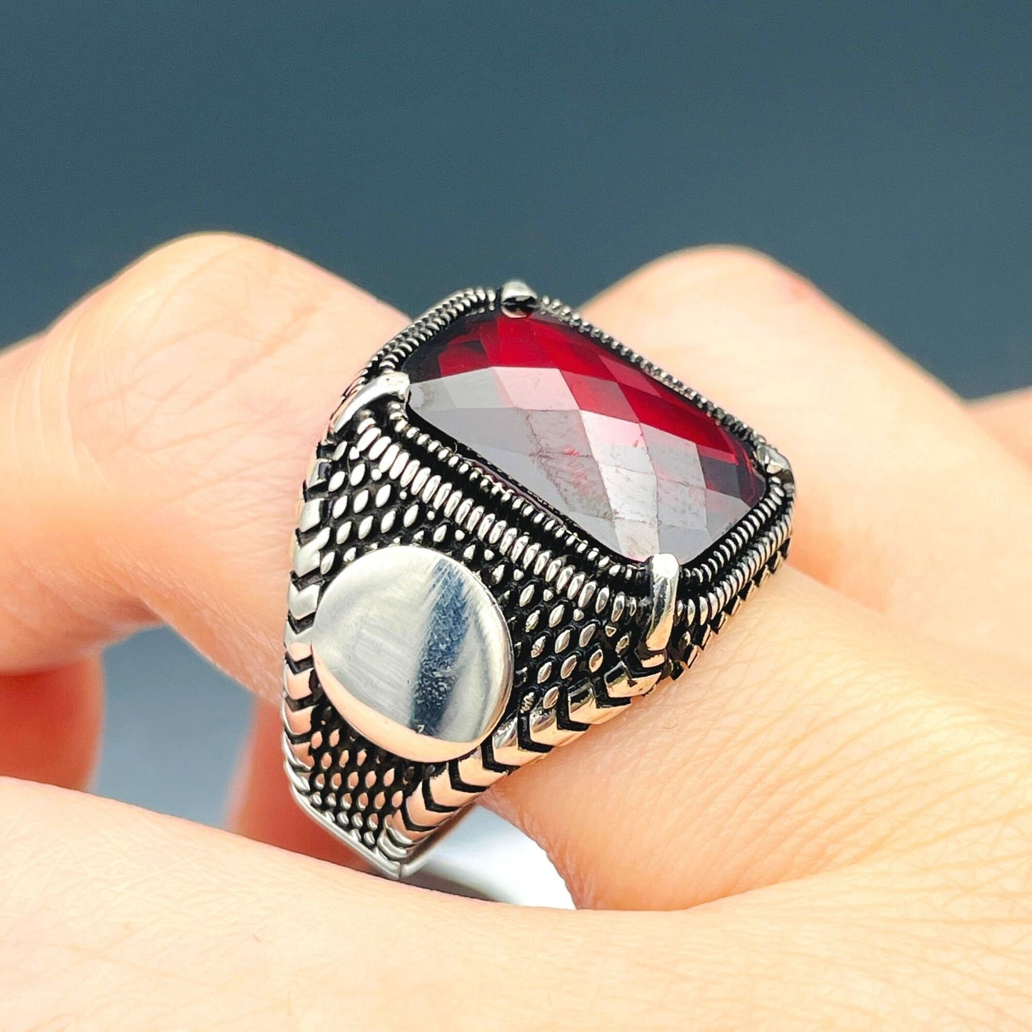 Zircon Ring Men, Red Squared Stone Ring, Turkish Handmade Ring, 925k Sterling Silver Ring, Ottoman Stlye Ring, Mens Jewelry, Gift for Him